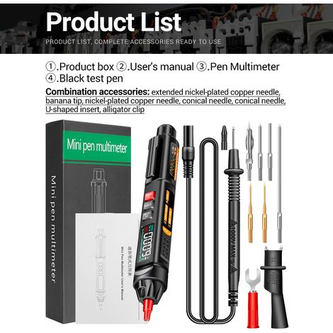 Mini-Multimeter, 6000 Zählungen, VA-Voltmeter, umgekehrte Taschenlampe, NCV-Tester für Spannung, Widerstand, Kapazität, Temperatur, Ein/Aus, Dioden-Phasenfolgemessung, mit Kombi-Zubehör