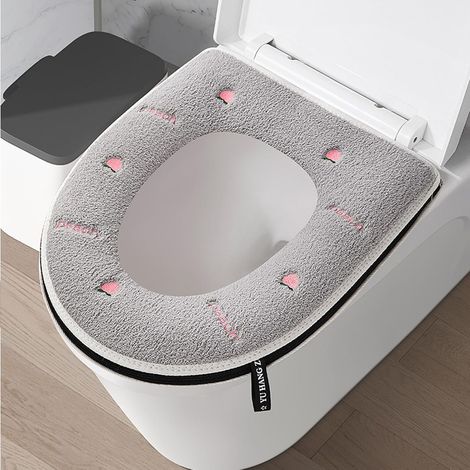 Toilettensitzbezug, Plüsch, waschbar, Toilettenkissen mit Reißverschluss, rutschfest, mit Griff, warmes Toilettensitzkissen, bedruckt, grau, süßes Pfirsichmuster, 38 x 43 cm