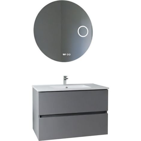 Meuble vasque ROSALY INOX 80 cm + miroir Rondinara- Gris- Plan vasque en Céramique (1/5)