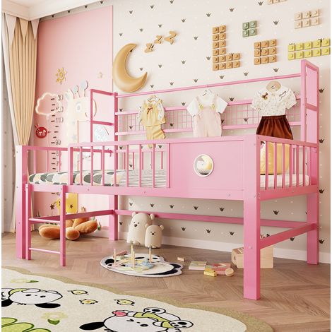 Lit rangement chambre 90x200 métal rose avec barre haute OKMYHOME (1/5)