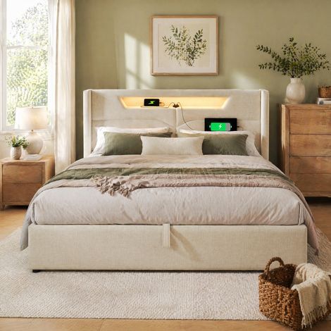 Cama doble canapé 160x200 cm tapizada en tela beige con LED, USB y Type-C OKWISH (1/5)