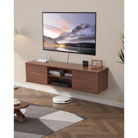 Meuble TV flottant, 152 cm, console multimédia murale avec étagère réglable et porte coulissante, étagère TV flottante à 2 niveaux avec rangement pour lecteur DVD, décodeur, console jeux, noyer (1/5)