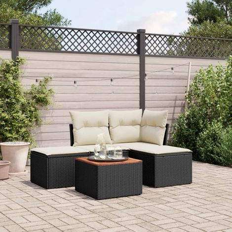 Ensemble Salon Jardin 5 Places Noir Résine Tressée - Canapé d'Angle, Table Acacia, Coussins Crème - Mobilier Extérieur Modulaire (1/3)