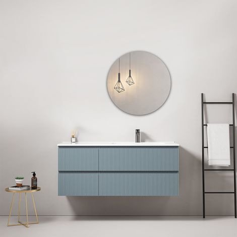 Mobile bagno sospeso cannettato 120 cm Blu Avio Lavabo a Destra in Ceramica Specchio Tondo - Fiji Paint (1/4)