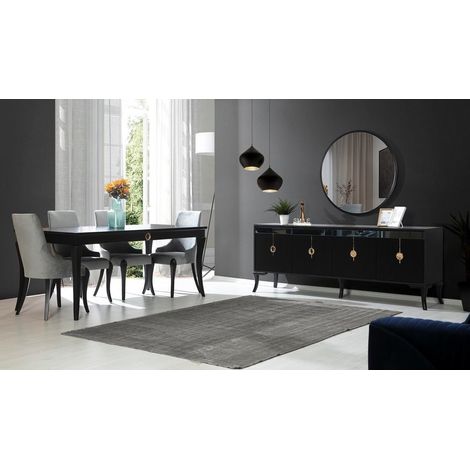 Comedor completo KEOPS con 4 sillas, negro y dorado