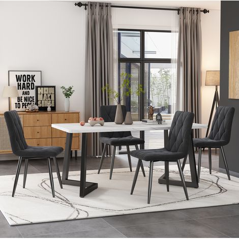 Set da pranzo con tavolo e 4 sedie in MDF bianco effetto marmo e velluto grigio, 117x68 cm, gambe in metallo nero (1/5)