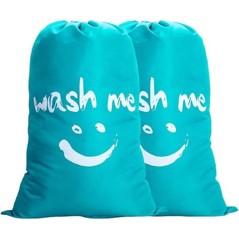 Sac à Linge, Lot de 2 Large Sacoche à Linge Pliable Sac de Rangement Lavable avec Nylon Corde Léger Sac Portable pour Vêtement Sale Couverture 100L dans Chamber Hôtel Dortoir, Voyage, Blue (1/5)