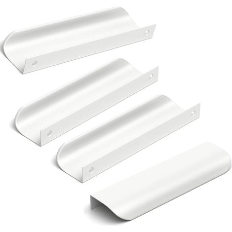 Juego de 4 tiradores ocultos para puertas de armarios de cocina, de color blanco, con una distancia entre centros de 96 mm y una longitud total de 120 mm.