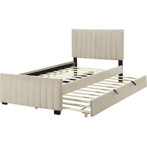 CAIziLit enfant capitonné 90x190 cm, velours beige, avec lit gigogne (1/5)