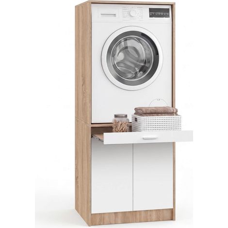 Meuble réhausseur machine à laver ou sèche-linge WALLIS plateau coulissant pour panier à linge et placard bois et blanc