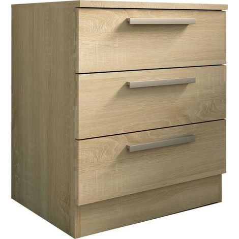 Home Heavenly®- Mesita de noche de 3 cajones CUBE, de madera aglomerada, sistema de apertura con bisagras, tiradores rectos Color: Roble (1/4)