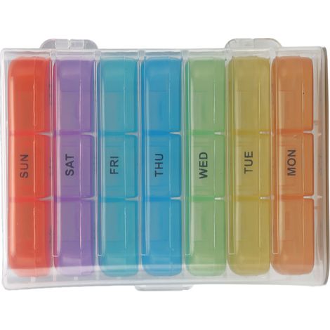 Boîte à pilules hebdomadaire 21 compartiments, organisateur de médicaments 7 jours, boîtier en plastique portable pour usage quotidien et voyage. (1/5)
