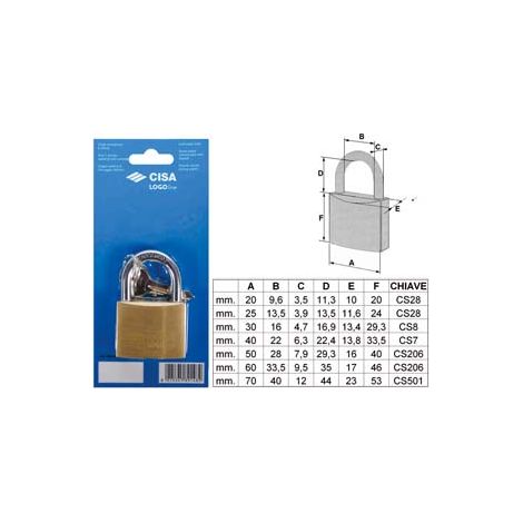 LUCCHETTO LOGO OTTONE ARCO NORMALE IN BLISTER 21090- - mm.30 (art.21090300) - 6 blister CISA