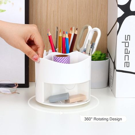 Porte-stylo rotatif, porte-stylo à 4 compartiments - Organisateur de papeterie de bureau, porte-pinceaux de maquillage pour la maison et le bureau, boîte de rangement pour stylos (blanc) (1/4)