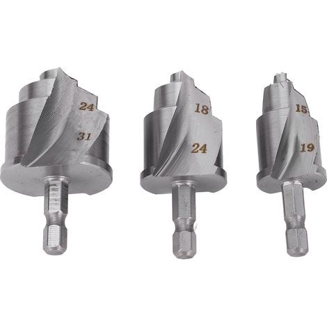 Lot de 3 forets de levage avec alésoir étagé à queue hexagonale de 6,35 mm (1/4 pouce) pour la réparation de tuyaux d'eau en PVC et PPR (15-19 mm, 18-24 mm, 24-31 mm). (1/5)