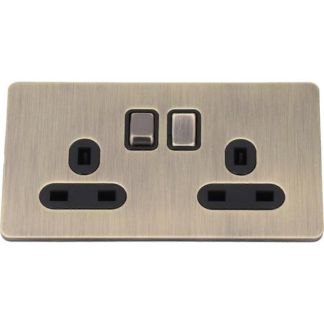 Wandsteckdose mit 2 Druckschaltern und zwei AC-Steckdosen, elektrische Abdeckung aus Edelstahl in Bronzeoptik