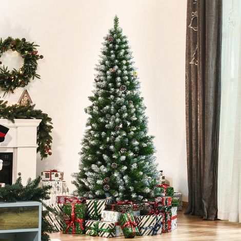 Árbol de Navidad artificial de 180 cm cubierto de nieve con 630 ramas y 37 piñas, fabricado en plástico y metal con base extraíble, en color verde y blanco. (1/5)
