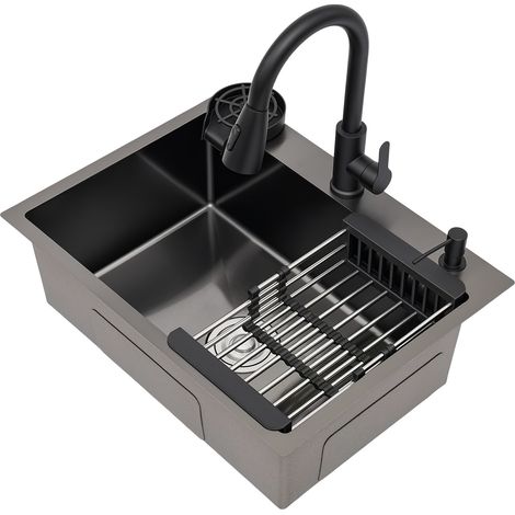 Évier De Cuisine Noir 60 x 45 cm 1 Bac En Acier Inoxydable 304, Avec Robinet Extractible 360°, Rince-verre, Distributeur De Savon Et Panier Égouttoir (1/5)