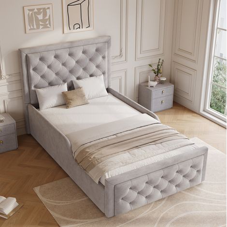 Letto contenitore per bambini 90 x 200 cm con rete, testiera imbottita, velluto grigio DESVIAE (1/5)