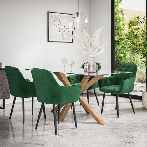 Etta Glass Dining Table And Chairs - Glass Top w Solid Oak Legs + Anika Velvet Dining Chair Set Of 6 (Green) (1/5)