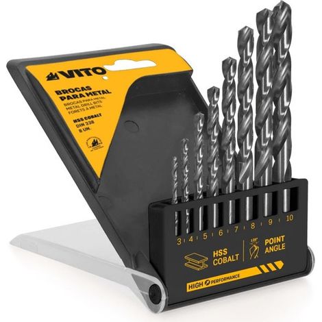 Coffret de 8 forets HSS cobalt 3-10 mm – Pour métaux durs – Résistance à l'usure – Précision de perçage – Compatible acier inoxydable – Vito Pro-Power