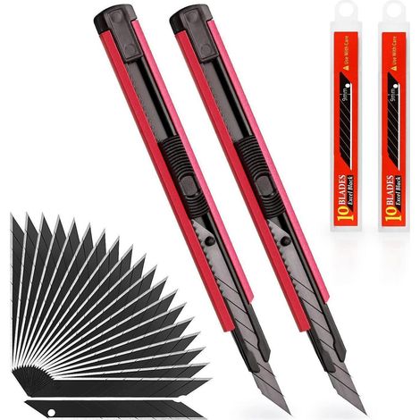 2x Cuttermesser 9mm Metall mit 20 Abbrechklingen, automatische Verriegelung