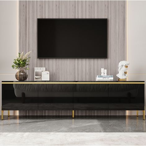 Mueble TV moderno negro brillante con 4 puertas, pasacables, patas metálicas doradas, 170 cm (1/5)