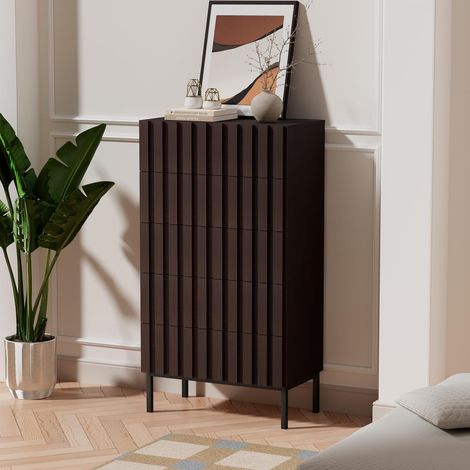 UEV Cassettiera Naturale con 5 Cassetti, Settimino Salvaspazio con Motivo a Doghe di Legno, Cassettiere Camera da Letto Solida e Stabile con Design Antiribaltamento, 60 x 34 x 110 cm, Noce