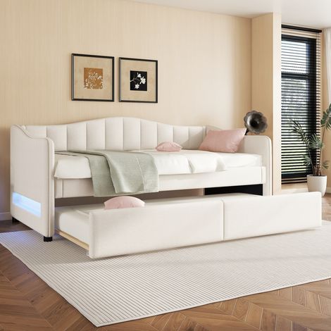 MEUBLIV Lit 90x200 cm beige – avec lit gigogne LED, sans matelas (1/5)