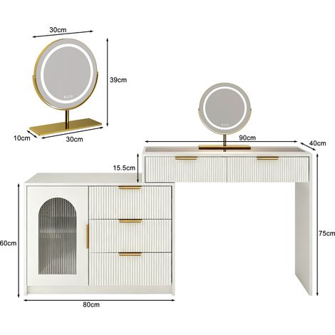 Coiffeuse moderne avec plateau en verre,coiffeuse extensible avec miroir lumineux LED et aspect cannelé,blanc,H75/W90-160/D40cm
