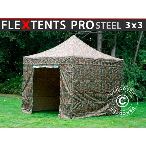 Pop up gazebo FleXtents PRO Steel 3x3 m Camouflage/Military, incl. 4 sidewalls