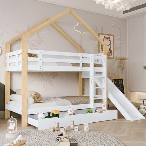 Lit superposé cabane 90/200 cm blanc et naturel en bois massif avec toboggan et 2 tiroirs (1/5)