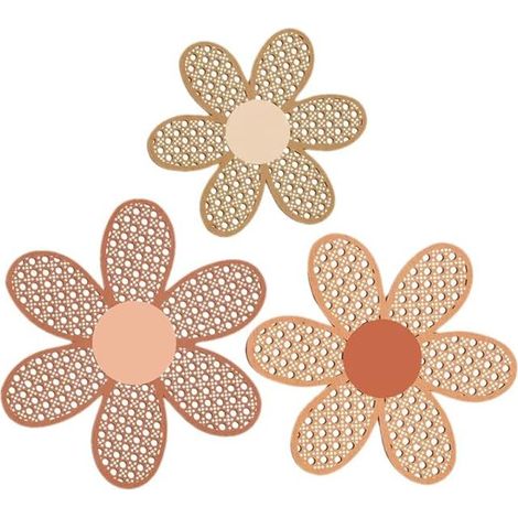 Set of 3 Wooden Daisy Flower Wall Art Natural Rattan Wall Art Hanging Plaque for Home Girls Kids Bedroom (1/5)