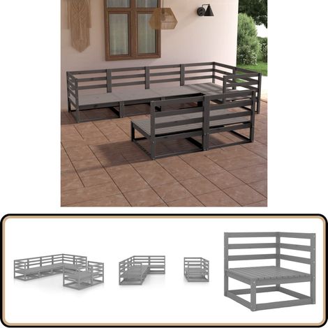 7-tlg. Garten-Lounge-Set Grau Massivholz Kiefer - Gartensitzgruppe - Loungesessel - Gartenmöbel Set - Rattan Möbel - Holz Gartenmöbel