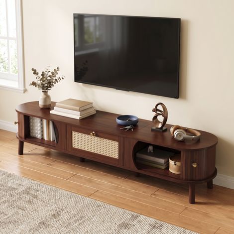 Meuble TV 170x39.5x38cm avec Tiroirs en Rotin et Porte Coulissante en Bois Massif Style Rustique Naturel (1/5)