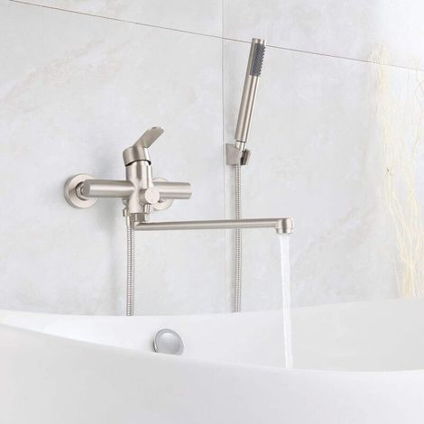 Single Handle Bathtub Faucet Hand Shower Tub Faucet Brushed Stainless Steel Round Hand Shower Wall Mounted for Bathroom