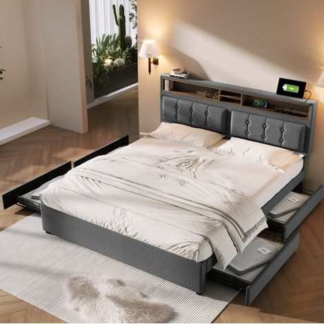 Polsterbett 140x200 mit 4 Schubladen und USB-C Grau OKMYHOME (1/5)