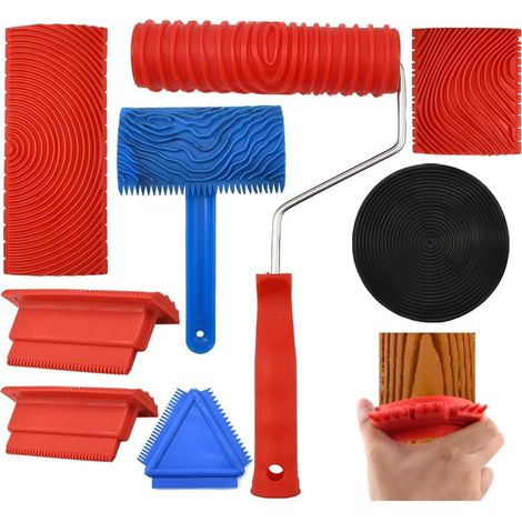 Lot de 8 outils de grain de bois en caoutchouc, comprend un rouleau à effet bois avec poignée et des outils de peinture à motifs ronds, kit de grain de bois pour murs, sols, portes (1/5)
