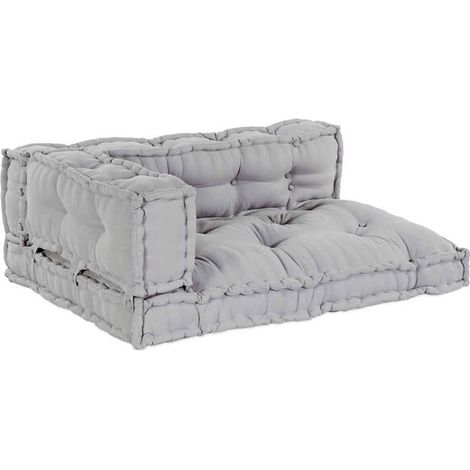 Le plateau contient trois coussins de canapé gris, mesurant chacun 120 x 80 x 38 cm, en tissu. (1/5)