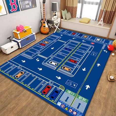 Tapis pour chambre d'enfant, tapis de jeu amusant sur le thème du parking, tapis sur le thème de la vie urbaine ferroviaire, tapis pour enfants lavable et antidérapant - 80x120CM (velours cristal)