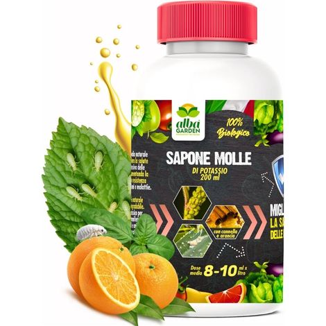 Albagarden - Sapone Molle di Potassio Concentrato Naturale - Corroborante Effetto Insetticida Piante Bio - Potenzia Le Difese Delle Piante Da Insetti Cocciniglia Pidocchi Ragnetto Cimici x 200 ml (1/5)