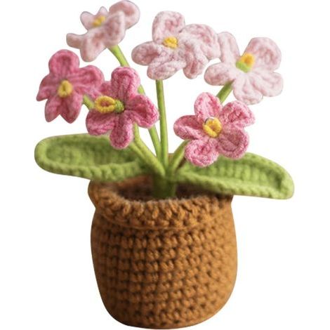 Fleurs au crochet, plantes en pot, myosotis artificiels, bouquet de fleurs artificielles au crochet, plantes tricotées à la main, décoration de bureau pour la maison ou le bureau à domicile (1/5)
