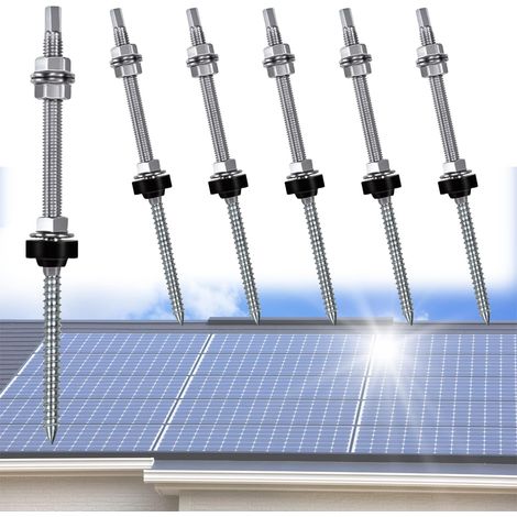 Lot de 6 Vis à Double Filetage en Acier Inoxydable, M10 x 200 mm Boulon de Suspension de Réglables En Hauteur, Vis de Fixation Panneau Solaire, pour le Raccordement de Systèmes Photovoltaïques (1/4)