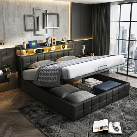 Lit Coffre 140x200 cm avec LED et USB, Lit Double Capitonné avec Rangement et Tete de lit, lit 2 Personnes Cadre de Lits avec Sommier à Lattes, Cuir PU, Noir (1/5)
