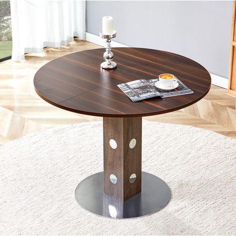 Mesa de comedor redonda (100x100x76 cm), superficie resistente al agua y arañazos, estructura metálica, MDF, color nogal (1/5)