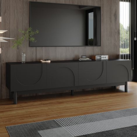 Mueble TV de 169x34x45.5 cm, diseño elegante sin tiradores, con 4 puertas, espacio de almacenamiento, MDF y aglomerado negro (1/5)