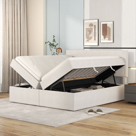 Cama con canapé 140x200 cm, doble tapizada, apertura por ambos lados, sin colchón, Lino, beige (1/5)
