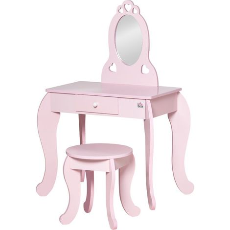 Coiffeuse Enfant Design Girly avec Motifs à Coeur - Tabouret Inclus - dim. 60L x 36l x 88H cm - tiroir, Miroir - MDF - Rose (1/5)