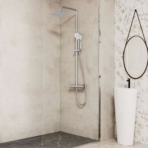 Soffione doccia quadrato 20x20cm in acciaio inox, colonne doccia con miscelatore termostatico cilindro, doccetta a 3 getti, cromato lucido