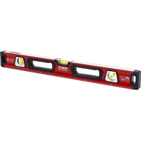 STIER Premium Wasserwaage, mit Magnet und drei Libellen, 600 mm, 0,5 mm/m, vertikal und horizontal messen, Spiegel-Lotlibelle, präzise Messung, Aluminiumlegierung, doppelt gefräste Oberfläche